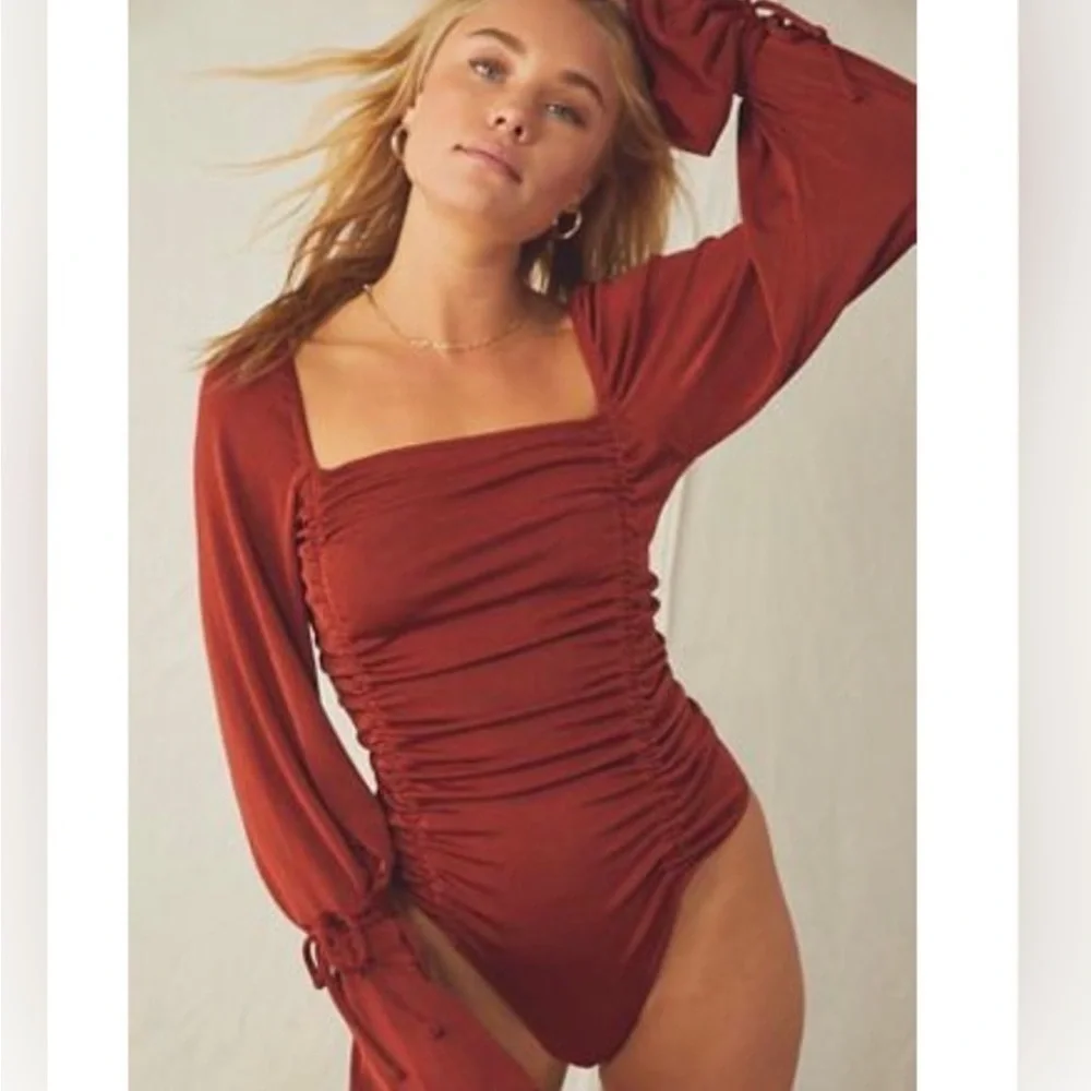 NEW Free People Meant To Be Ruched Bodysuit Cherry Chai Rust Red XL